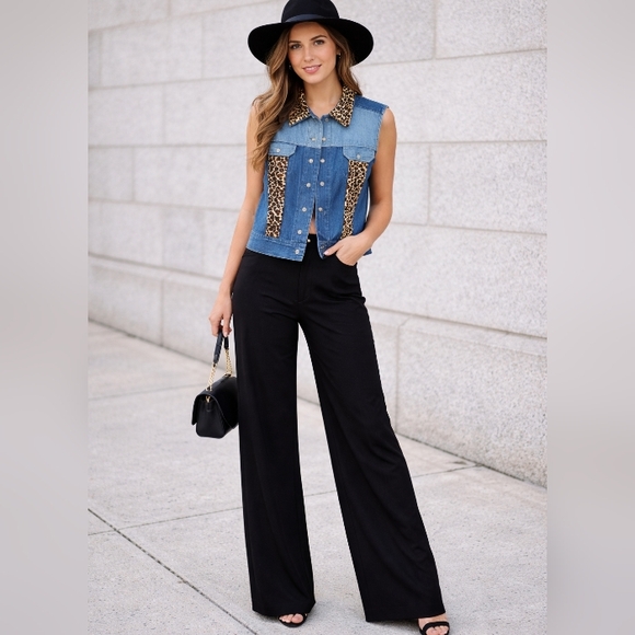 Marisol Y2K Two-Tone Demin Leopard Animal Print Jean Vest Small Boho Urban Chic - Picture 2 of 11